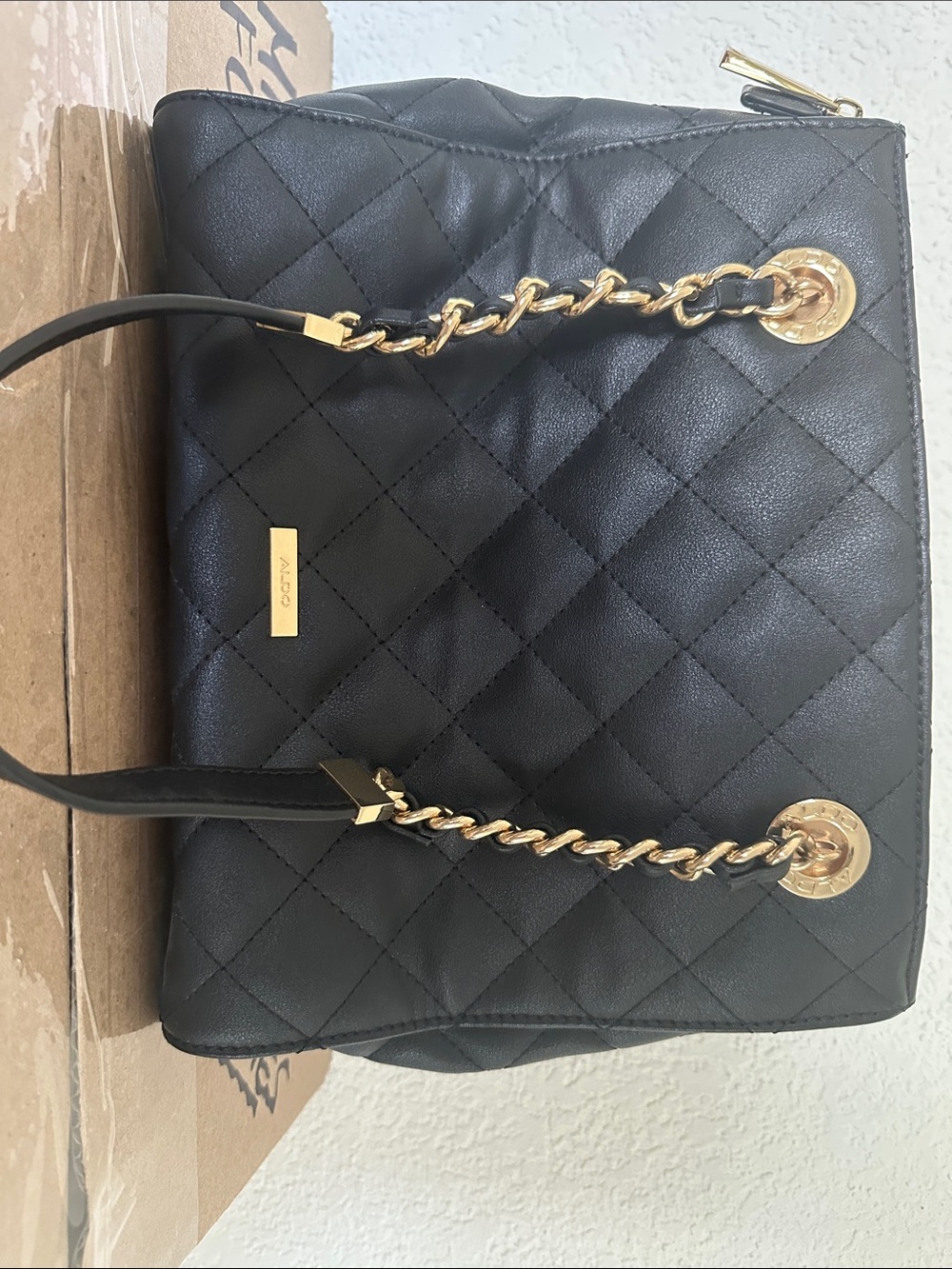 Aldo Black Quilted Shoulder Bag with Gold Chains